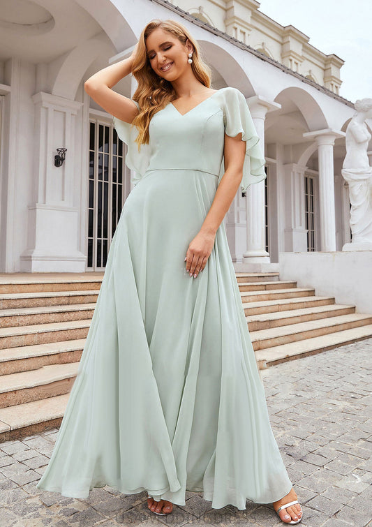 A-line V Neck Short Sleeve Long/Floor-Length Chiffon Bridesmaid Dresses Laurel DSP0025376