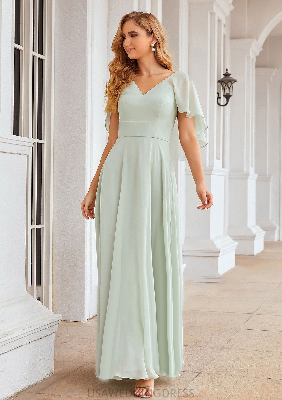 A-line V Neck Short Sleeve Long/Floor-Length Chiffon Bridesmaid Dresses Laurel DSP0025376