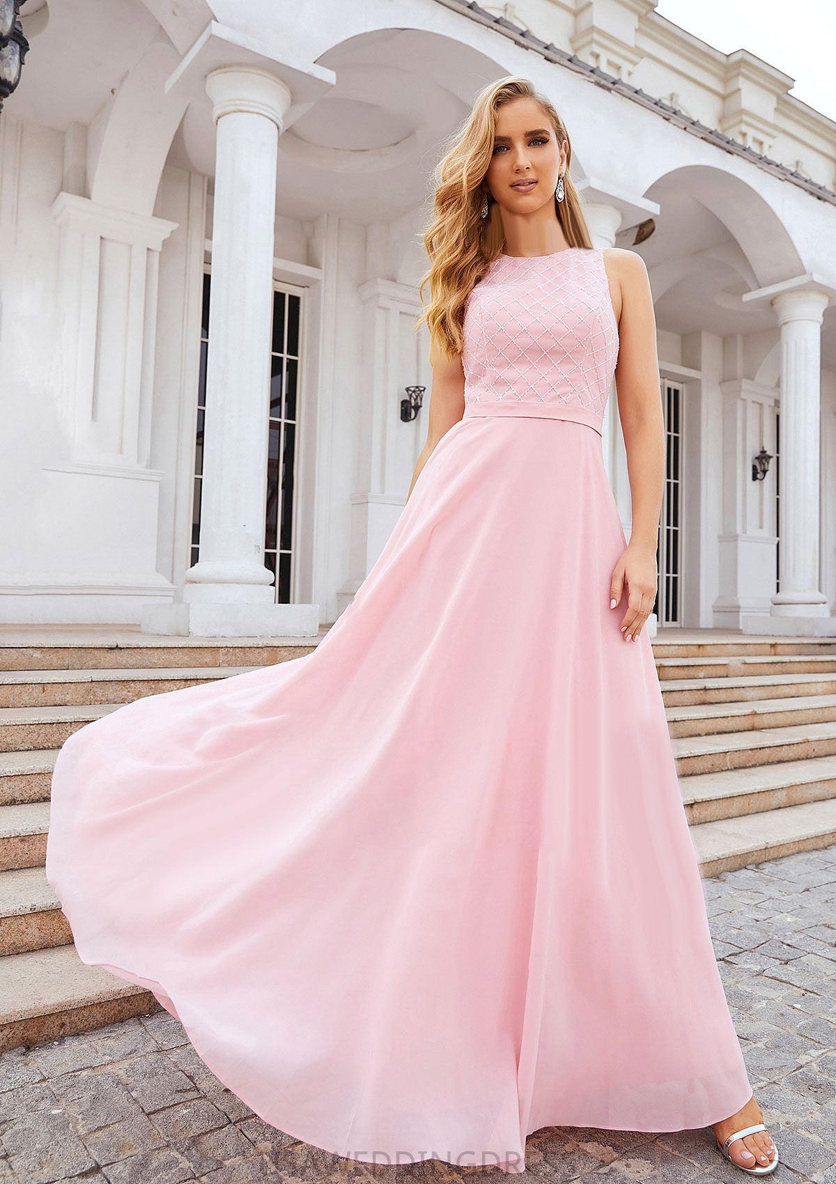 A-line Scalloped Neck Sleeveless Chiffon Long/Floor-Length Bridesmaid Dresses With Beading Serenity DSP0025393