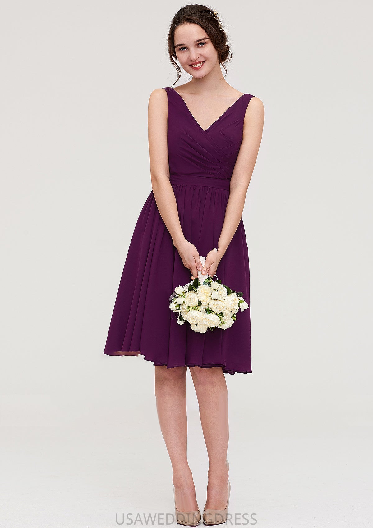 Sleeveless V Neck Chiffon A-line/Princess Knee-Length Bridesmaid Dresses With Pleated Zoey DSP0025401