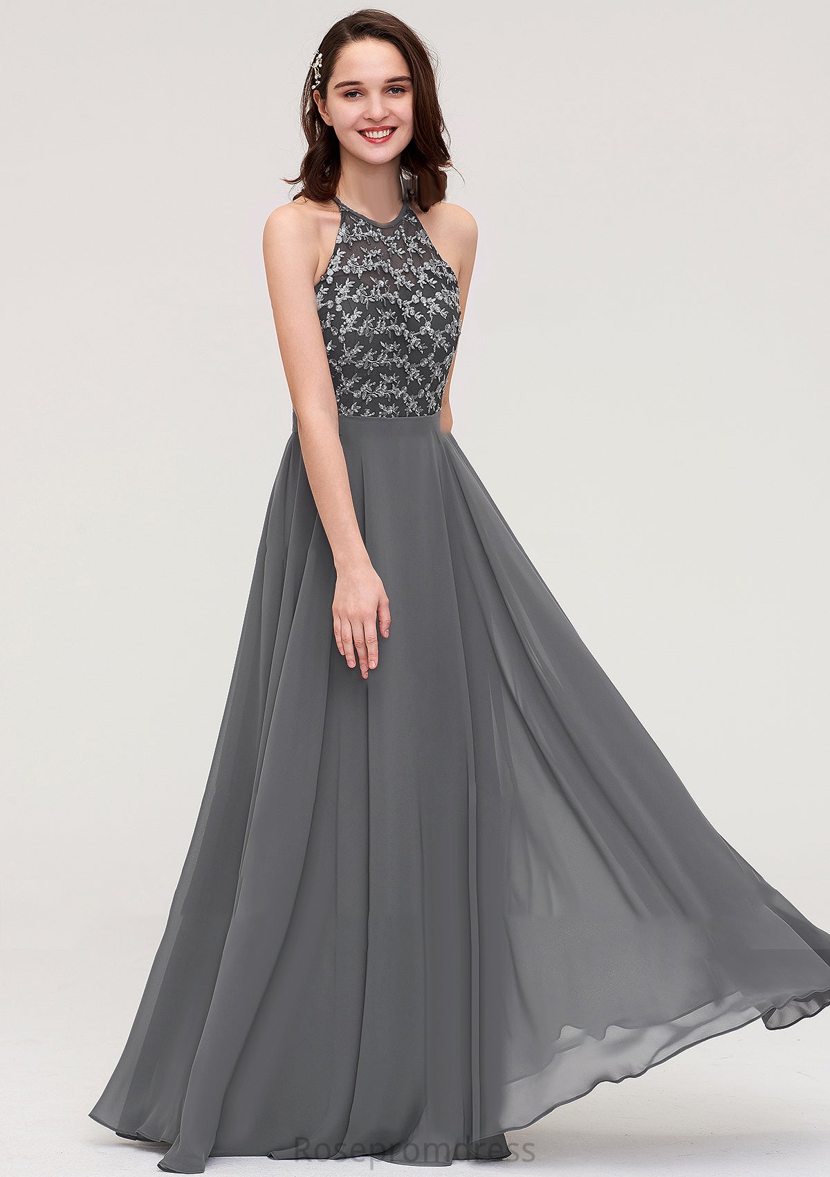 A-line/Princess Halter Long/Floor-Length Chiffon A-line/Princess Bridesmaid Dresses With Appliqued Nathaly SRSP0025402