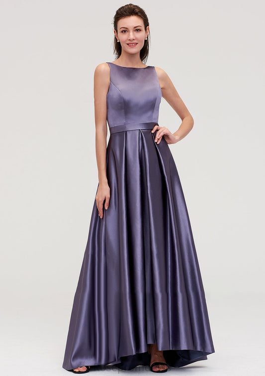 Sleeveless Bateau Ankle-Length Satin A-line/Princess Bridesmaid Dresses With Pleated Fiona SRSP0025409