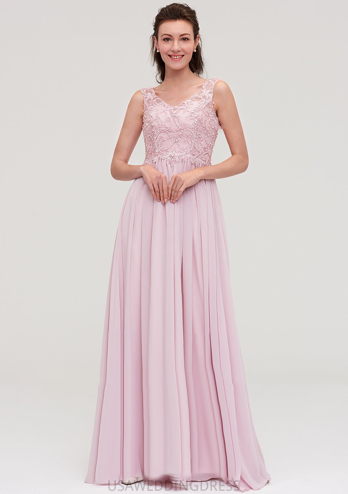 Sleeveless V Neck A-line/Princess Chiffon Long/Floor-Length Bridesmaid Dresseses With Beading Appliqued Millicent DSP0025410