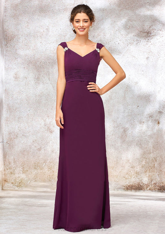 V Neck Sleeveless Long/Floor-Length Sheath/Column Chiffon Bridesmaid Dresses With Sashes Pleated Beading Kaley SRSP0025412