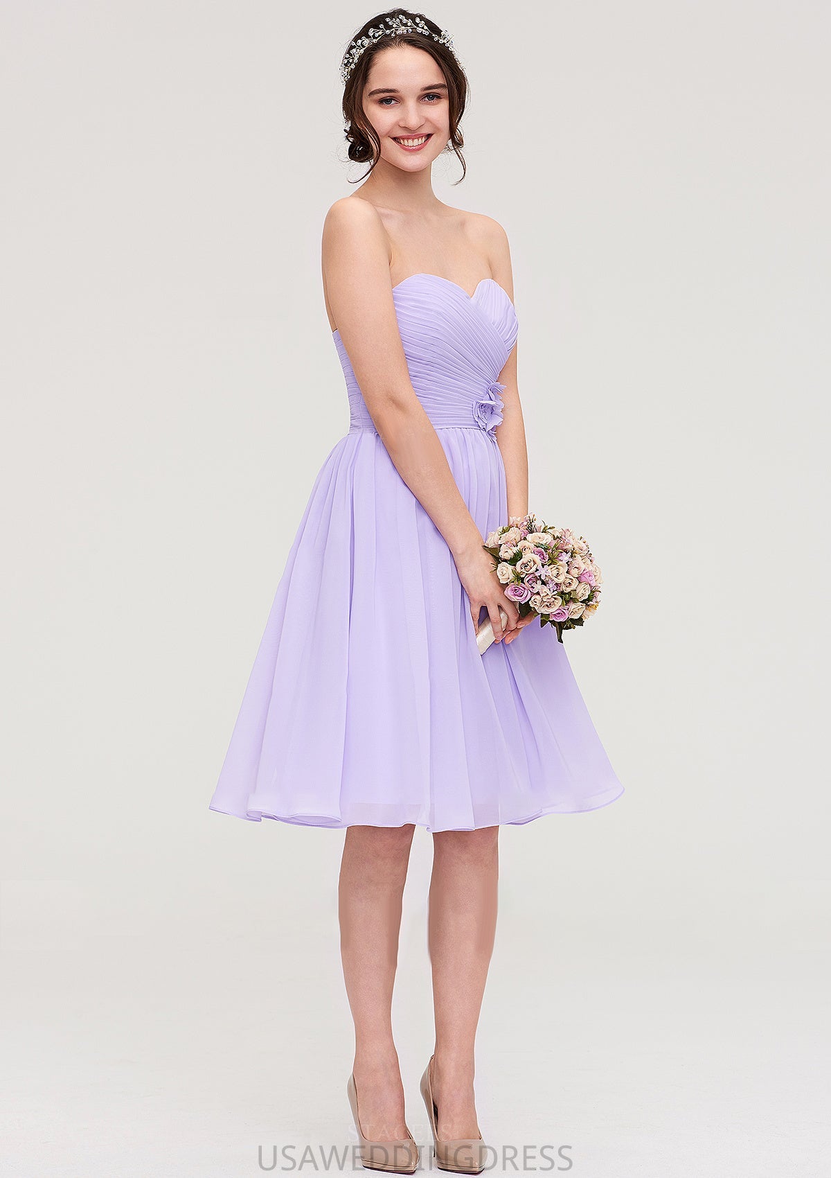 Sleeveless Sweetheart Chiffon Knee-Length A-line/Princess Bridesmaid Dresses With Pleated Flowers Aracely DSP0025413