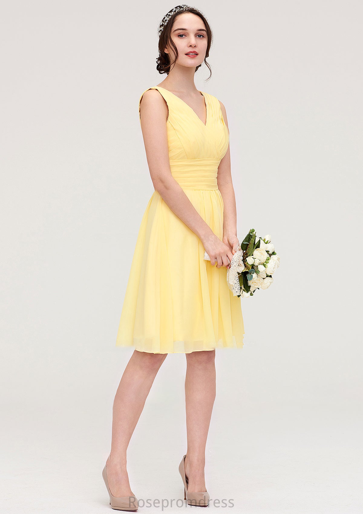 V Neck Sleeveless A-line/Princess Chiffon Knee-Length Bridesmaid Dresses With Pleated Hadassah SRSP0025414