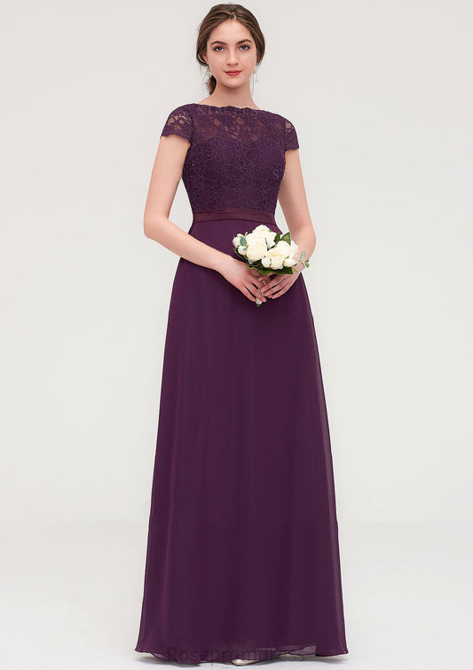 Short Sleeve Bateau Long/Floor-Length Chiffon A-line/Princess Bridesmaid Dresses With Sashes Lace Gwendolyn SRSP0025428