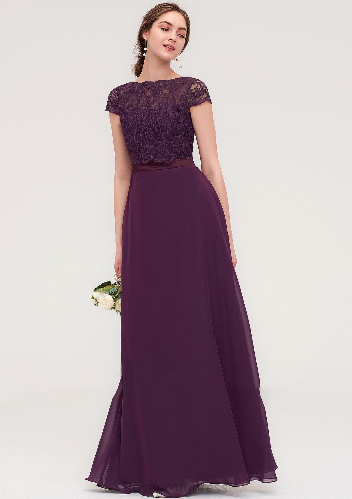 Short Sleeve Bateau Long/Floor-Length Chiffon A-line/Princess Bridesmaid Dresses With Sashes Lace Gwendolyn SRSP0025428
