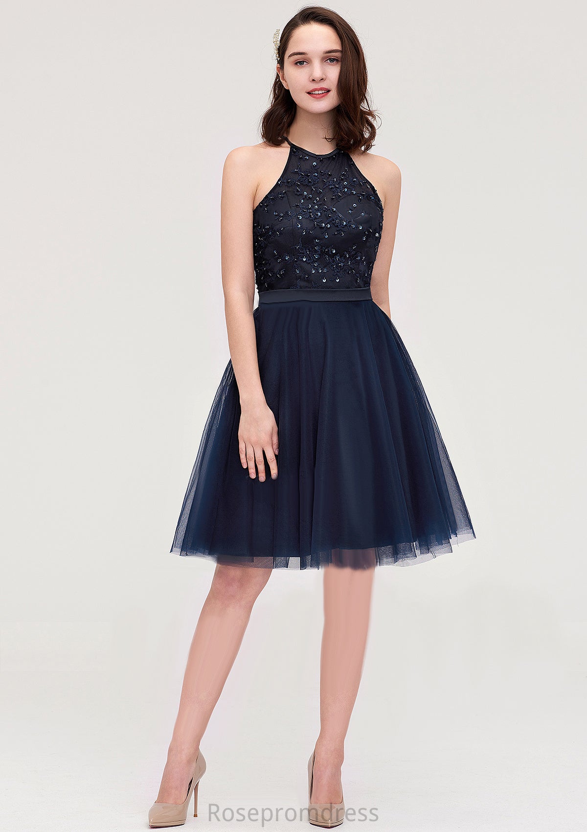 Sleeveless Halter Knee-Length Tulle A-line/Princess Bridesmaid Dresses With Sequins Appliqued Sashes Penny SRSP0025430