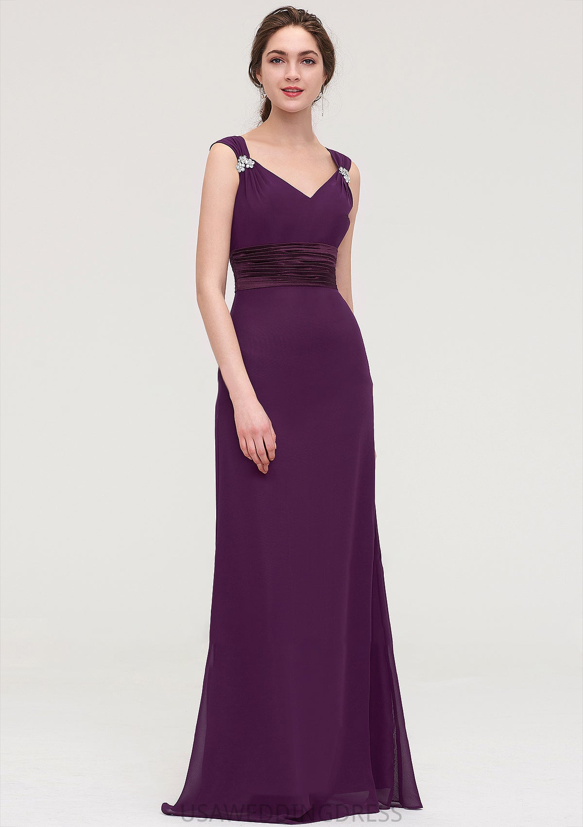 Sleeveless V Neck Long/Floor-Length Sheath/Column Chiffon Bridesmaid Dresses With Sashes Beading Pleated Jocelynn DSP0025432