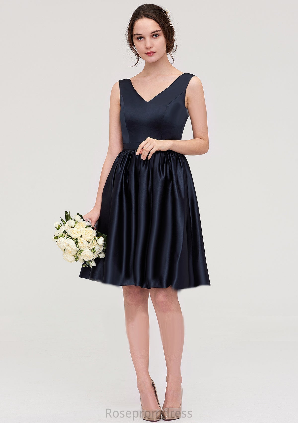 V Neck Sleeveless A-line/Princess Knee-Length Satin Bridesmaid Dresses With Pleated Natalie SRSP0025433