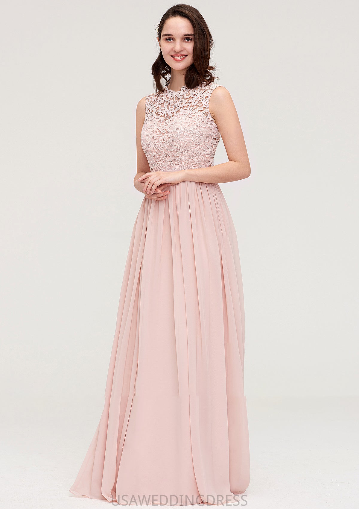 Sleeveless Scalloped Neck Long/Floor-Length Chiffon A-line/Princess Bridesmaid Dresses With Lace Adalynn DSP0025434