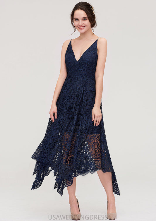 Sleeveless V Neck Lace Tea-Length A-line/Princess Bridesmaid Dresses Mikayla DSP0025438