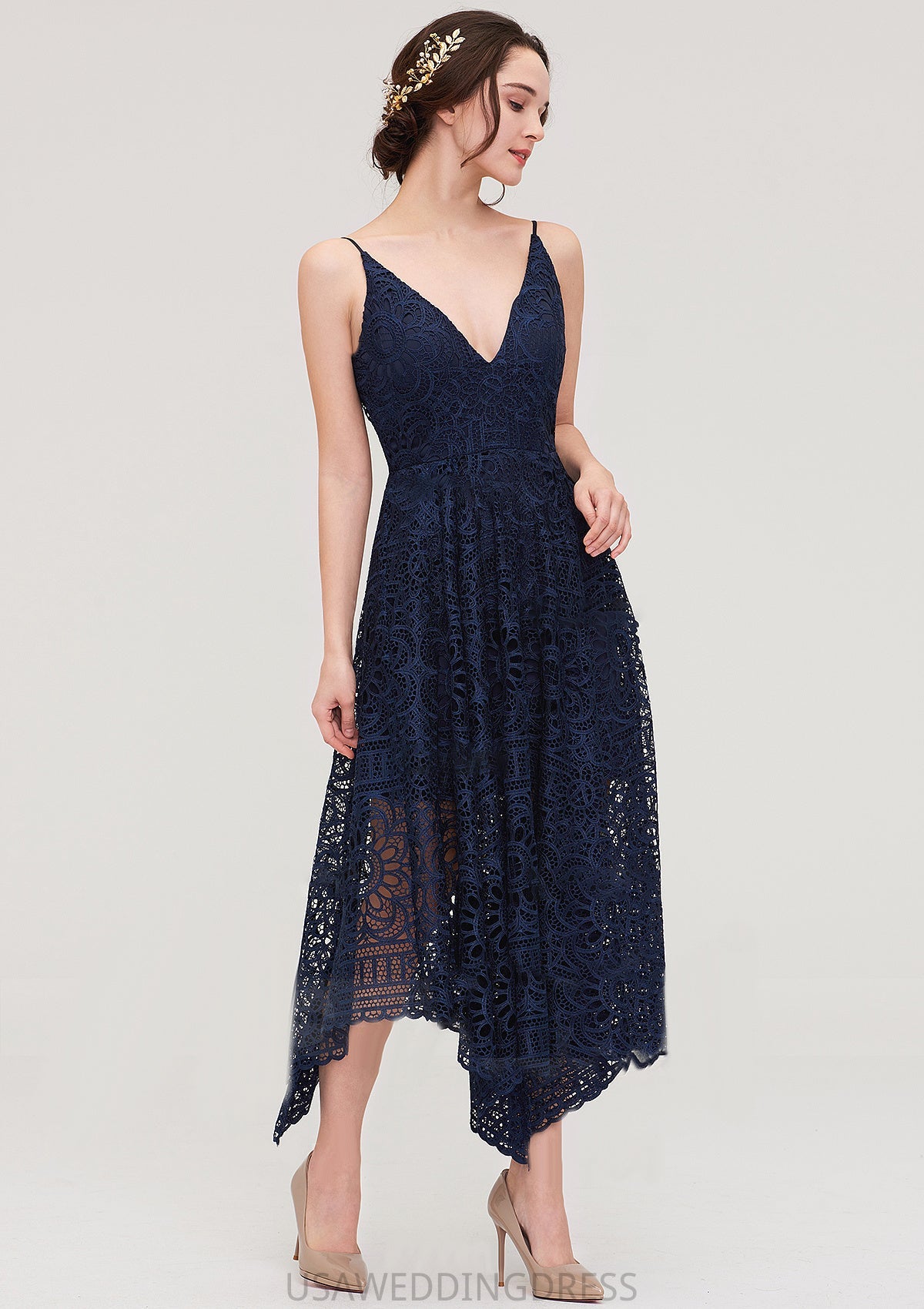 Sleeveless V Neck Lace Tea-Length A-line/Princess Bridesmaid Dresses Mikayla DSP0025438