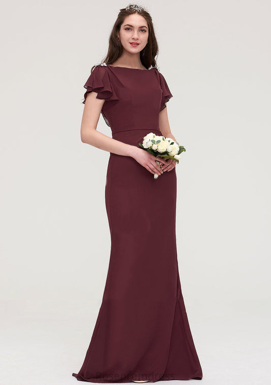 Short Sleeve Bateau Long/Floor-Length Sheath/Column Chiffon Bridesmaid Dresses With Crystal Detailing Sashes Adrianna SRSP0025440