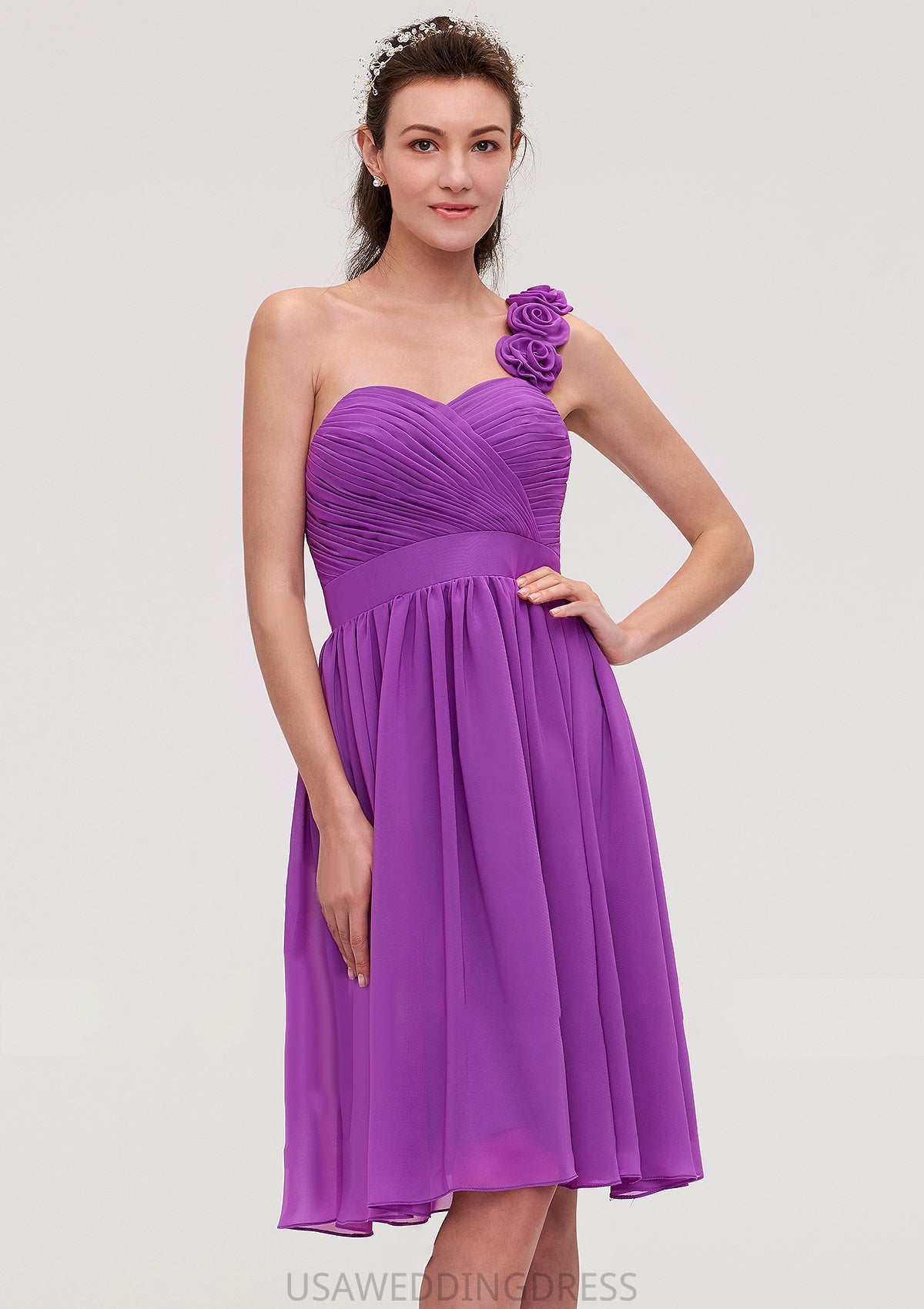 One-Shoulder Sleeveless Knee-Length Chiffon A-line/Princess Bridesmaid Dresseses With Pleated Flowers Catherine DSP0025441