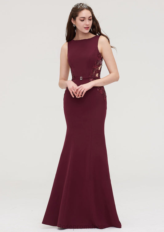 Bateau Sleeveless Sheath/Column Long/Floor-Length Elastic Satin Bridesmaid Dresses With Waistband Lace Sequins Aaliyah SRSP0025443