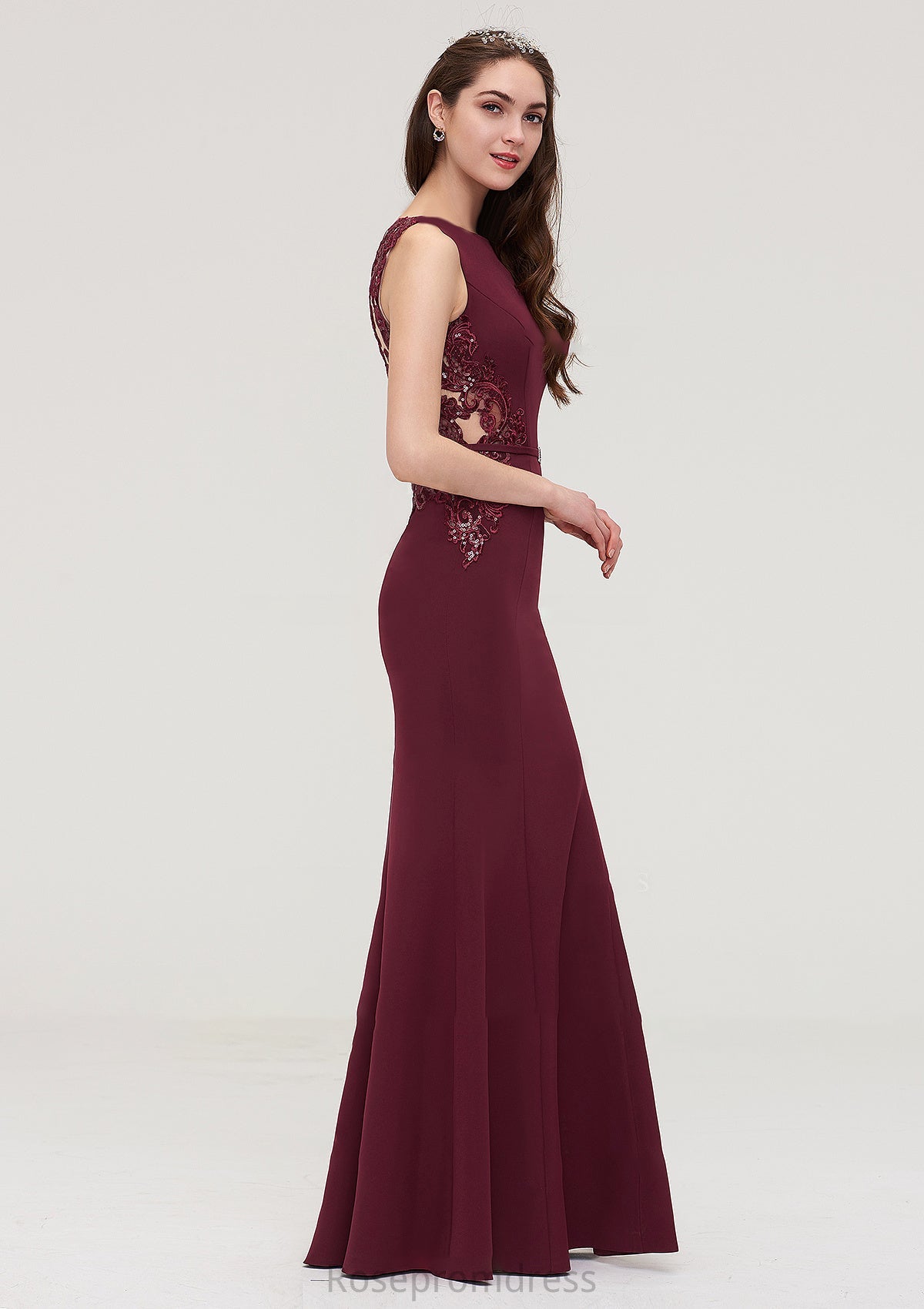 Bateau Sleeveless Sheath/Column Long/Floor-Length Elastic Satin Bridesmaid Dresses With Waistband Lace Sequins Aaliyah SRSP0025443