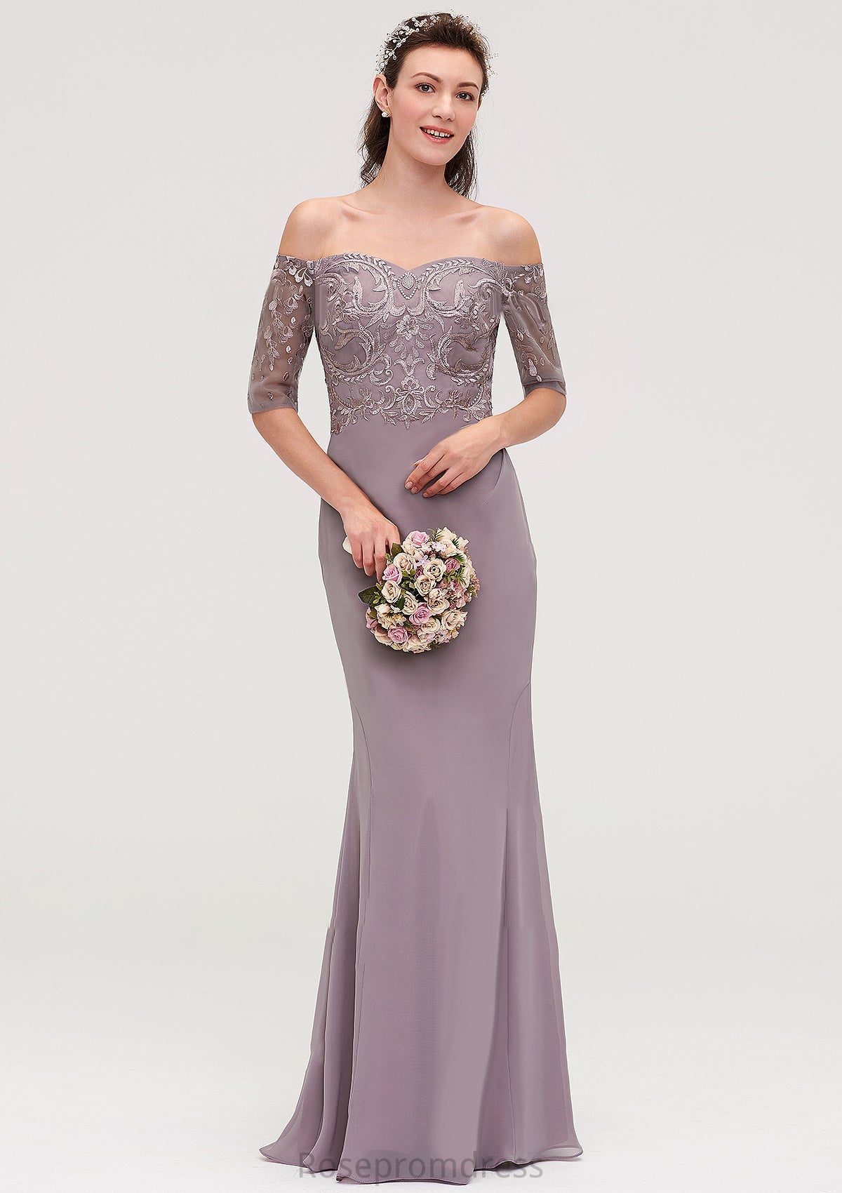 Off-the-Shoulder Half Sleeve Sheath/Column Long/Floor-Length Chiffon Bridesmaid Dresseses With Appliqued Iyana SRSP0025458