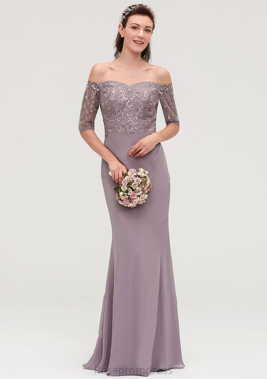 Off-the-Shoulder Half Sleeve Sheath/Column Long/Floor-Length Chiffon Bridesmaid Dresseses With Appliqued Iyana SRSP0025458