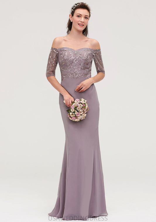 Off-the-Shoulder Half Sleeve Sheath/Column Long/Floor-Length Chiffon Bridesmaid Dresseses With Appliqued Salome DSP0025458