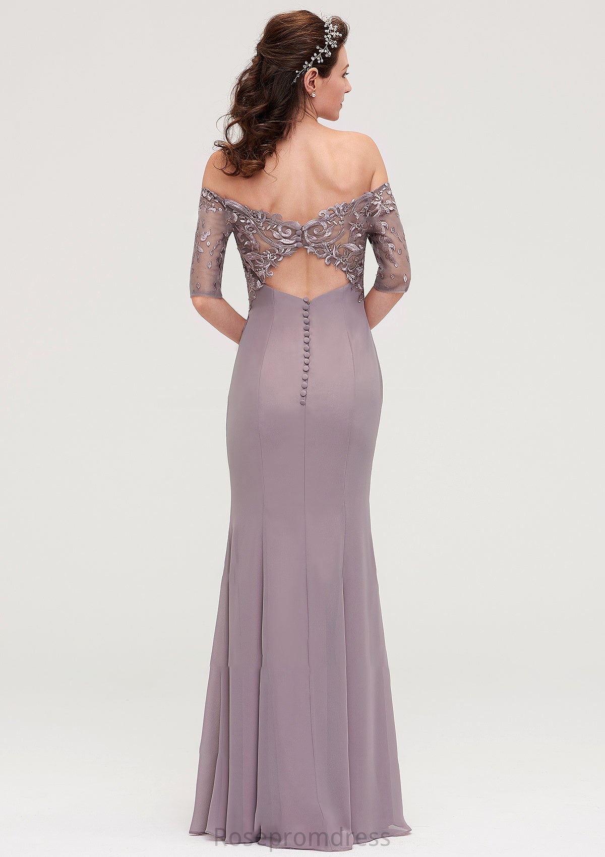 Off-the-Shoulder Half Sleeve Sheath/Column Long/Floor-Length Chiffon Bridesmaid Dresseses With Appliqued Iyana SRSP0025458