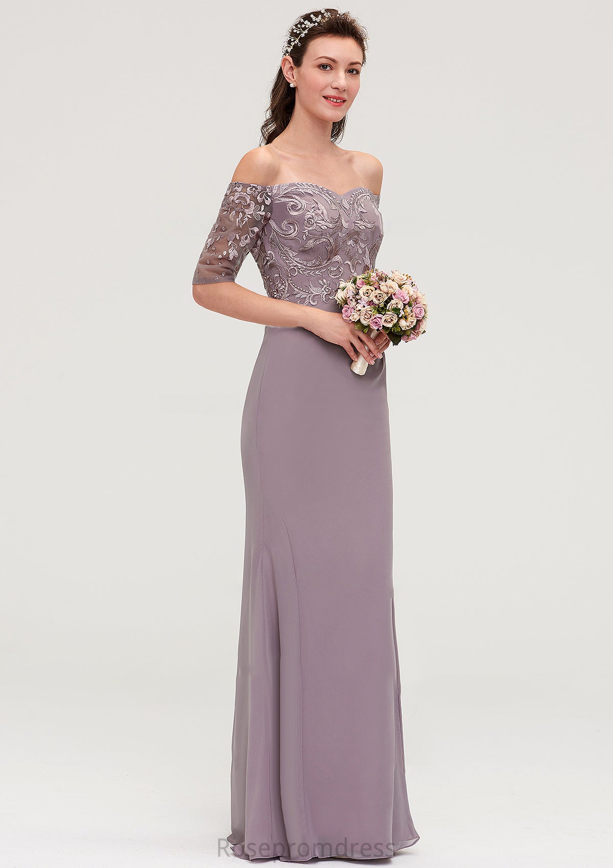 Off-the-Shoulder Half Sleeve Sheath/Column Long/Floor-Length Chiffon Bridesmaid Dresseses With Appliqued Iyana SRSP0025458
