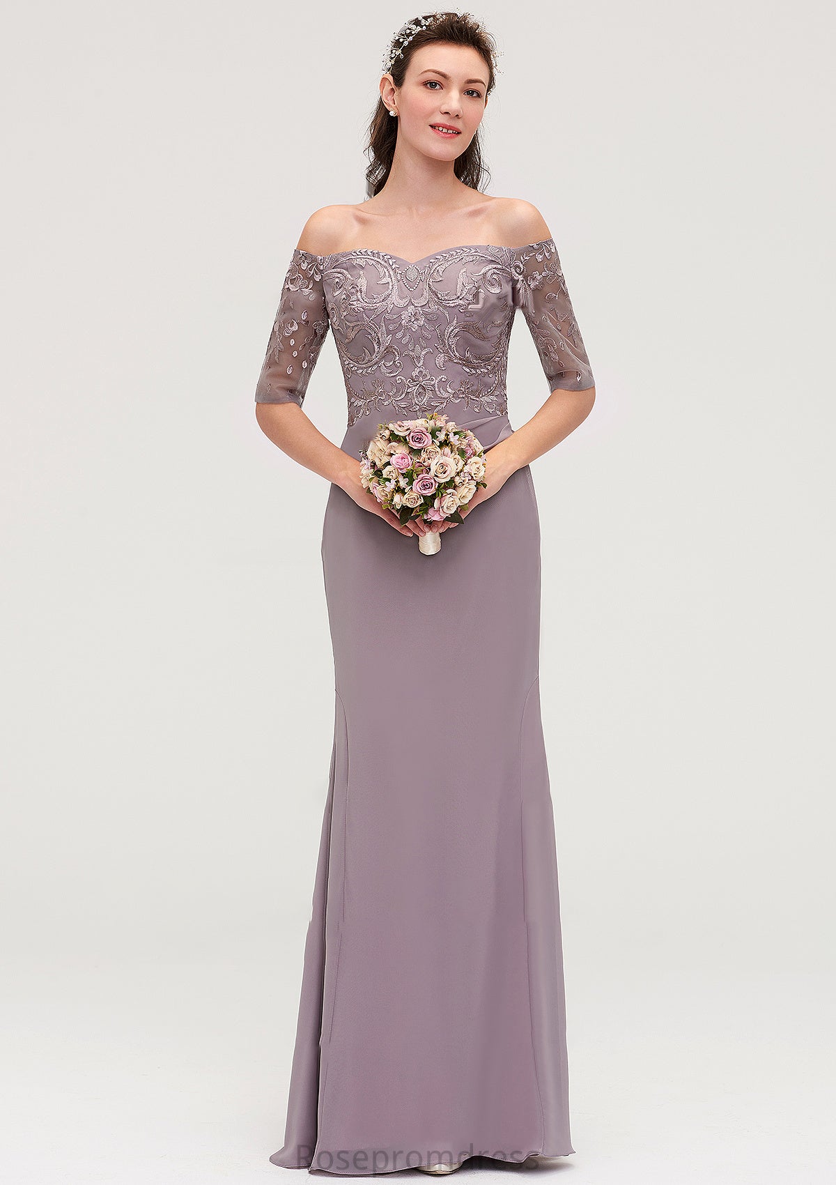 Off-the-Shoulder Half Sleeve Sheath/Column Long/Floor-Length Chiffon Bridesmaid Dresseses With Appliqued Iyana SRSP0025458