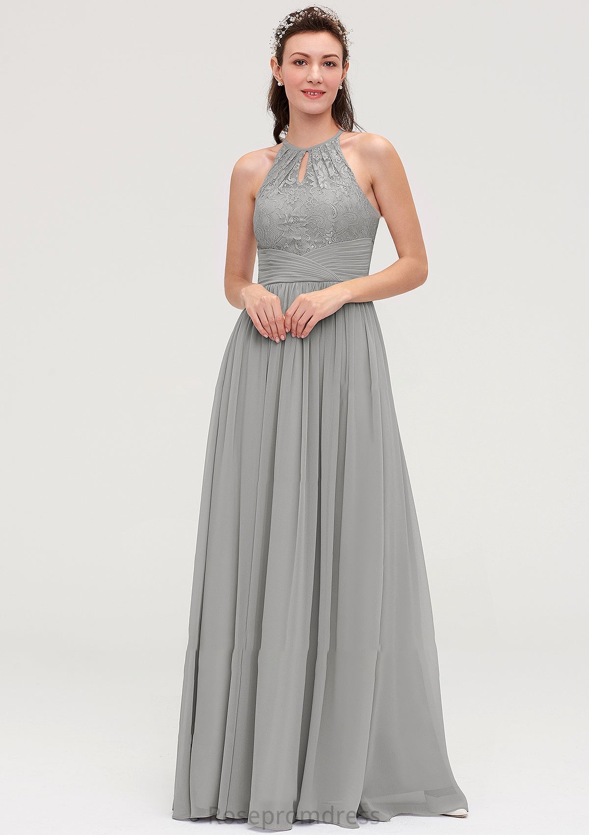 Sleeveless Scoop Neck Chiffon A-line/Princess Long/Floor-Length Bridesmaid Dresseses With Pleated Lace Clara SRSP0025460