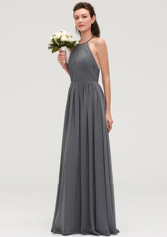 Sleeveless Halter Chiffon A-line/Princess Long/Floor-Length Bridesmaid Dresseses With Pleated Jazmyn DSP0025466