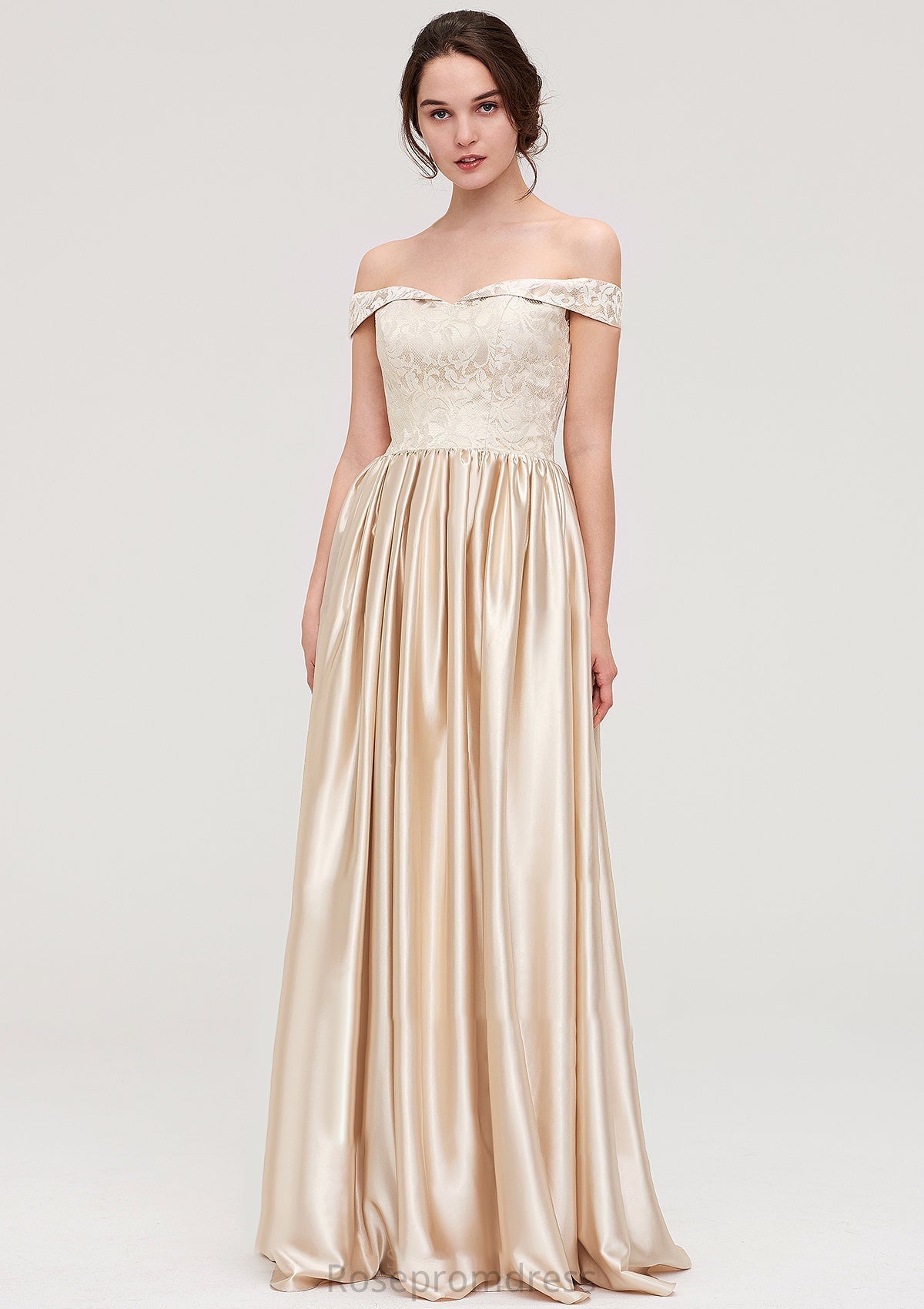 Off-the-Shoulder SleevelessA-line/Princess Charmeuse  Long/Floor-Length Bridesmaid Dresses With Appliqued Sariah SRSP0025469