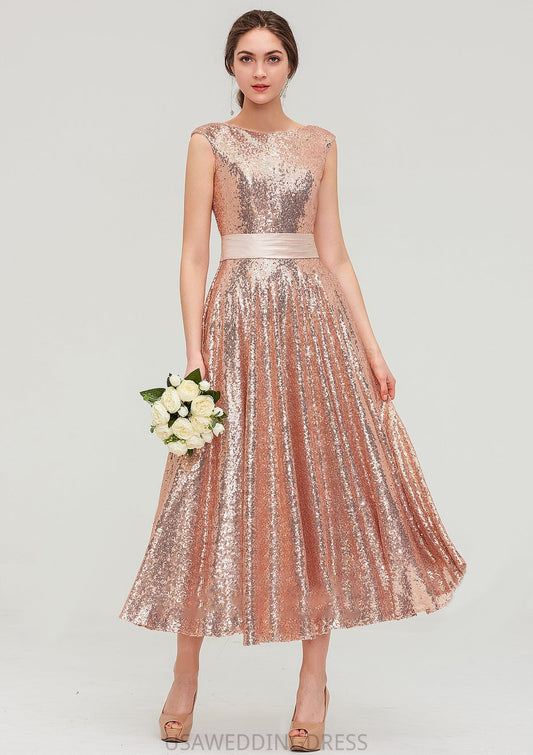 Bateau Sleeveless Tea-Length Sequined A-line/Princess Bridesmaid Dresses With Sashes Brielle DSP0025474