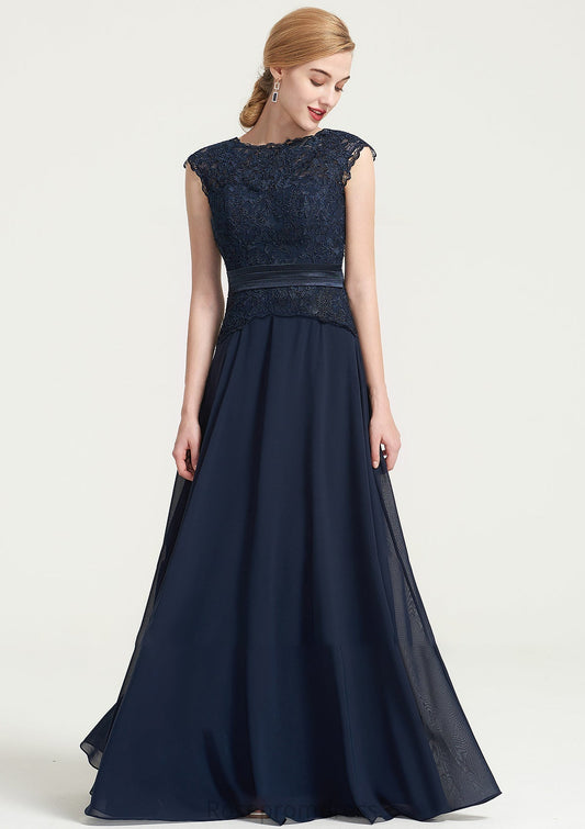 Bateau Sleeveless A-line/Princess Chiffon Long/Floor-Length Bridesmaid Dresses With Sashes Lace Pleated Jill SRSP0025480