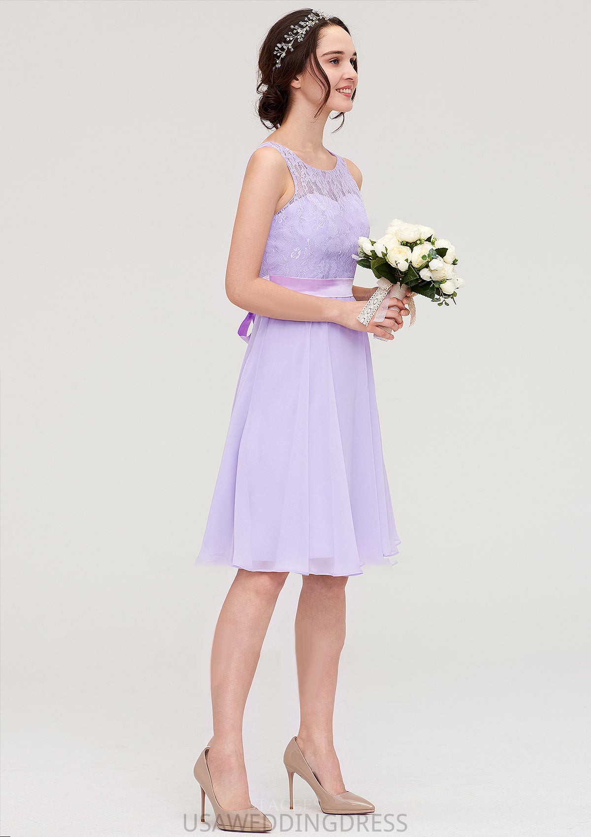 Sleeveless Knee-Length Chiffon A-line/Princess Bridesmaid Dresses With Sashes Lace Jolie DSP0025481