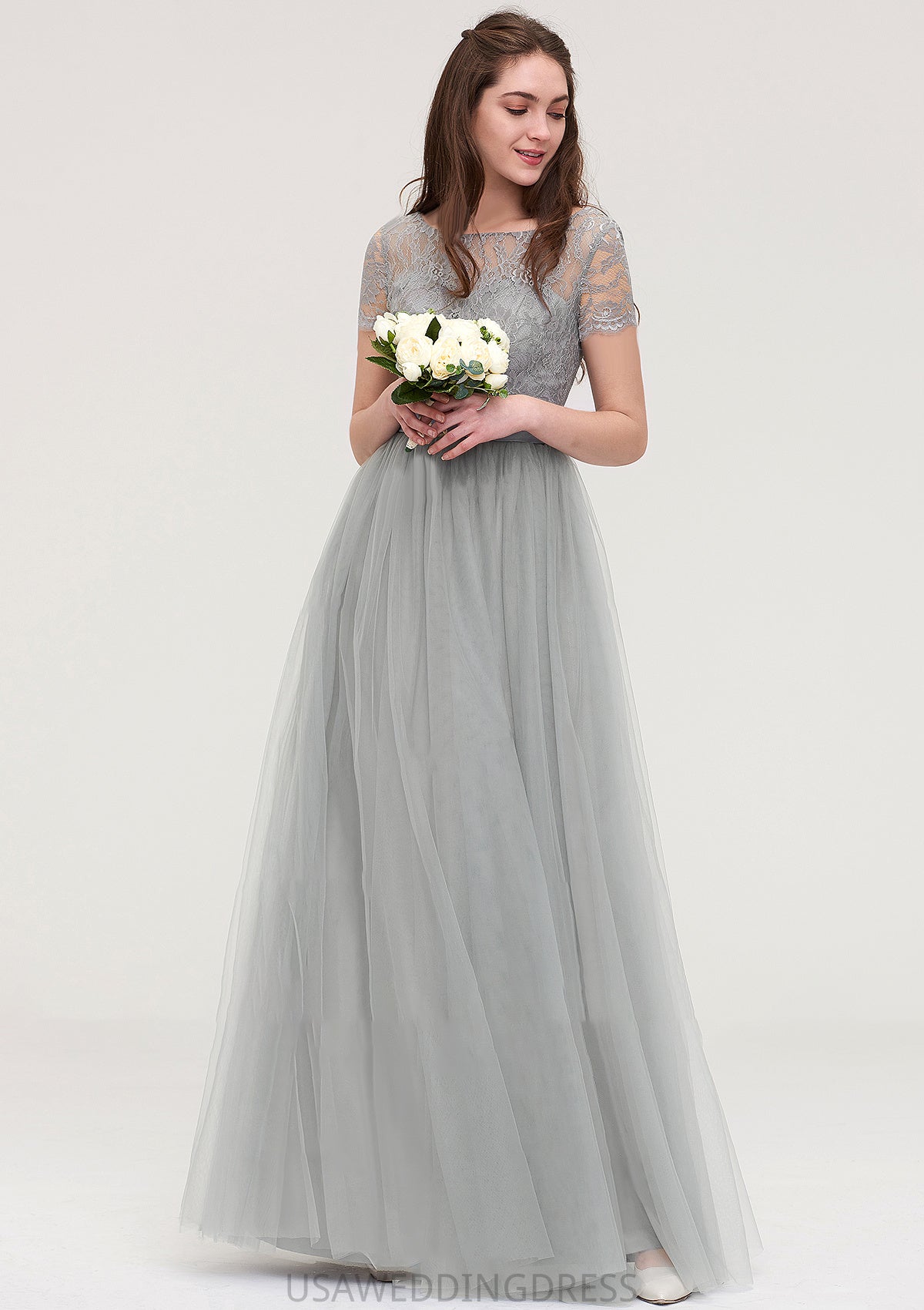 Bateau Short Sleeve Long/Floor-Length Tulle A-line/Princess Bridesmaid Dresses With Sashes Lace Britney DSP0025482