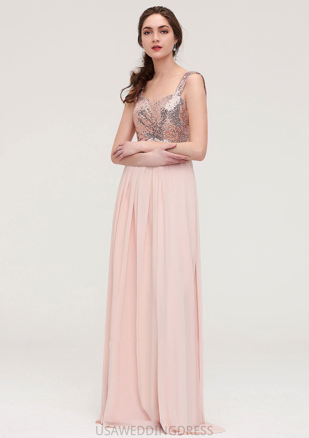 Sleeveless Long/Floor-Length Sweetheart A-line/Princess Chiffon Bridesmaid Dresses With Pleated Sequins Aliya DSP0025494