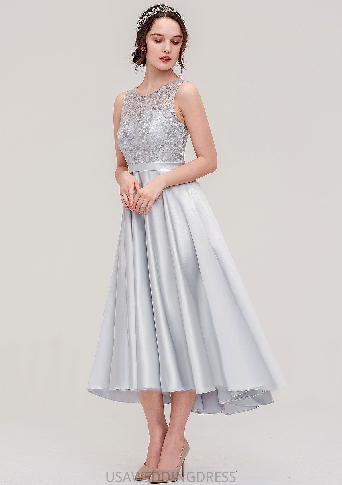 Bateau Sleeveless Tea-Length Satin A-line/Princess Bridesmaid Dresses With Sashes Lace Nayeli DSP0025495