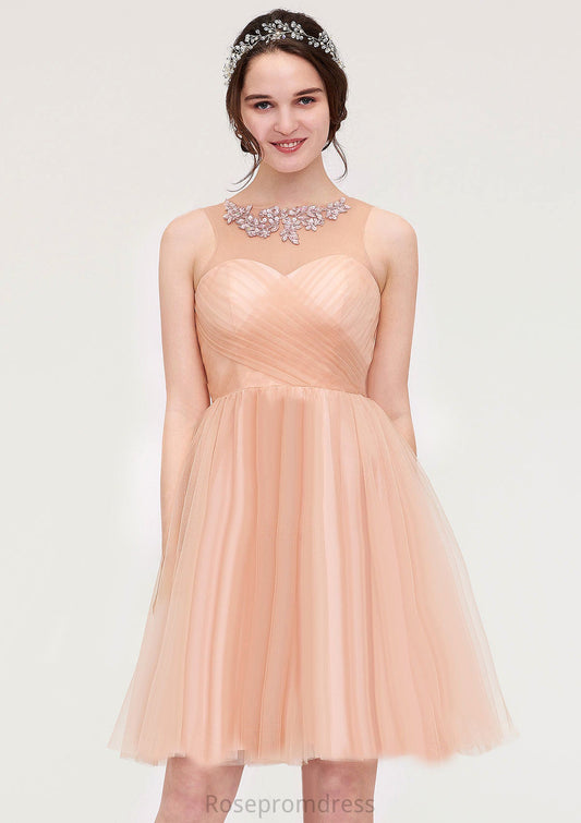 Bateau Sleeveless A-line/Princess Tulle Knee-Length Bridesmaid Dresses With Pleated Beading Lillianna SRSP0025498