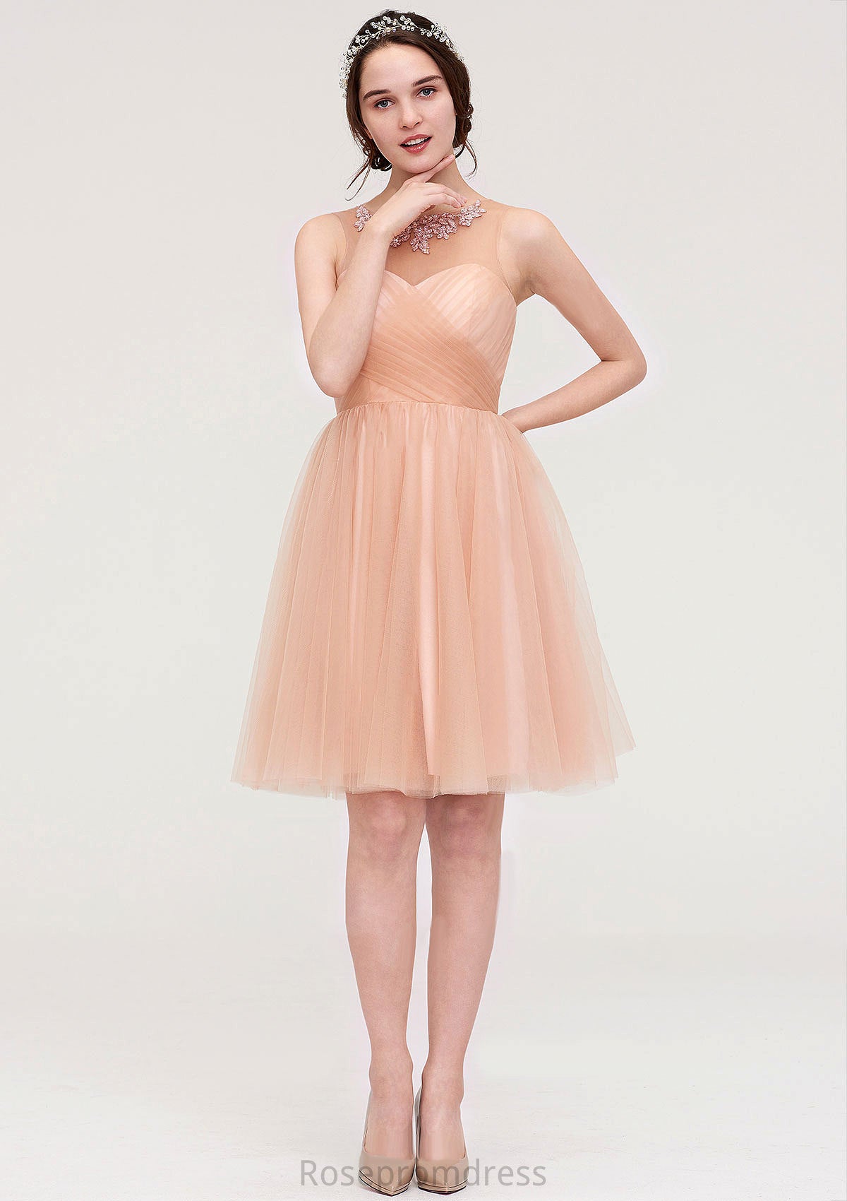 Bateau Sleeveless A-line/Princess Tulle Knee-Length Bridesmaid Dresses With Pleated Beading Lillianna SRSP0025498