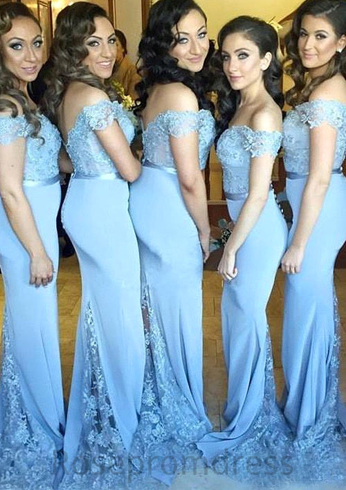 Off-The-Shoulder Sweep Train Sheath/Column Bridesmaid Dresseses With Lace Appliqued Roberta SRSP0025501