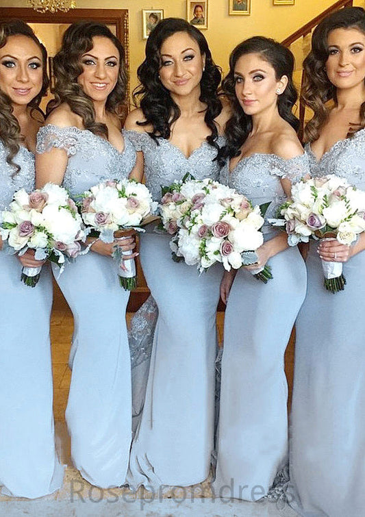 Off-The-Shoulder Sweep Train Sheath/Column Bridesmaid Dresseses With Lace Appliqued Roberta SRSP0025501