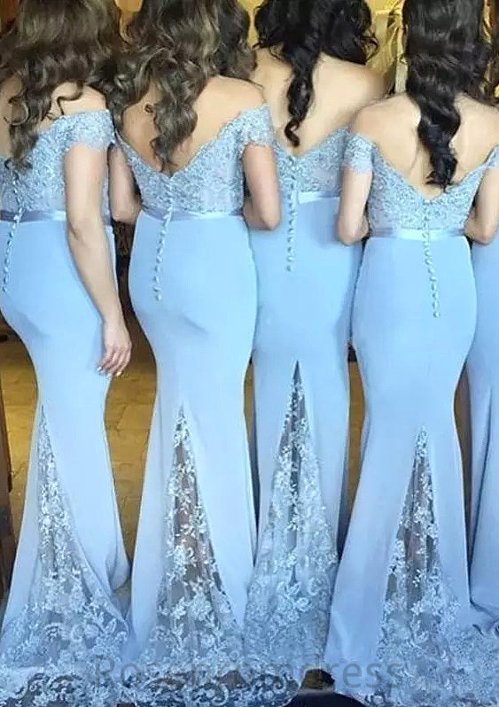 Off-The-Shoulder Sweep Train Sheath/Column Bridesmaid Dresseses With Lace Appliqued Roberta SRSP0025501