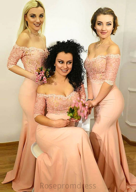 Off-the-Shoulder Half Sleeve Long/Floor-Length Sheath/Column Elastic Satin Bridesmaid Dresseses With Lace Lizbeth SRSP0025509