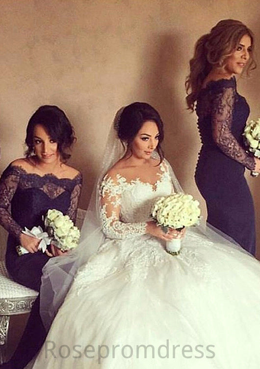 Off-The-Shoulder Sheath/Column Sweep Train Elastic Satin Bridesmaid Dresses With Lace Madilyn SRSP0025513