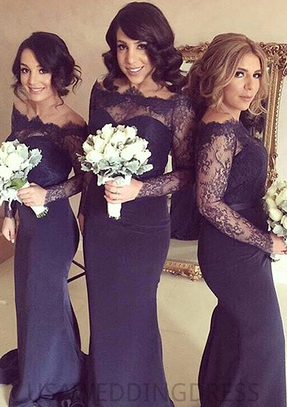 Off-The-Shoulder Sheath/Column Sweep Train Elastic Satin Bridesmaid Dresses With Lace Eve DSP0025513