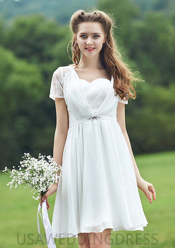 Short/Mini Scalloped Neck Short Sleeve Chiffon A-line/Princess Bridesmaid Dresseses With Lace Joanna DSP0025520