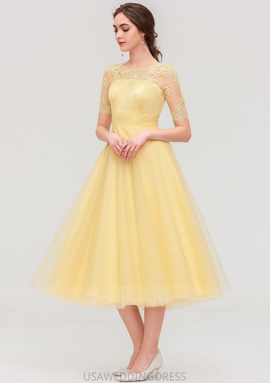 Bateau Short Sleeve A-line/Princess Tulle Tea-Length Bridesmaid Dresses With Pleated Lace Eleanor DSP0025522
