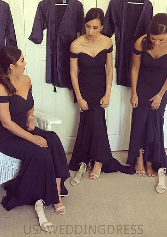 Sleeveless Off-the-Shoulder Sweep Train Sheath/Column Elastic Satin Bridesmaid Dresseses With Pleated Madison DSP0025538