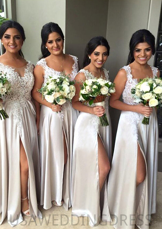 Sleeveless Scoop Neck Long/Floor-Length Charmeuse A-line/Princess Bridesmaid Dresseses With Appliqued Split Adalynn DSP0025571