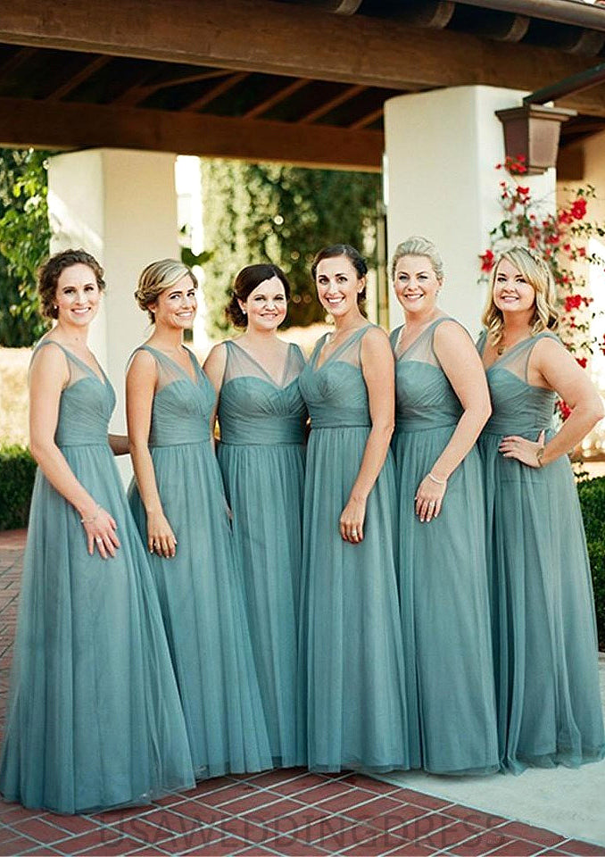 Sleeveless V Neck Tulle Long/Floor-Length A-line/Princess Bridesmaid Dresseses With Pleated Aubrey DSP0025578